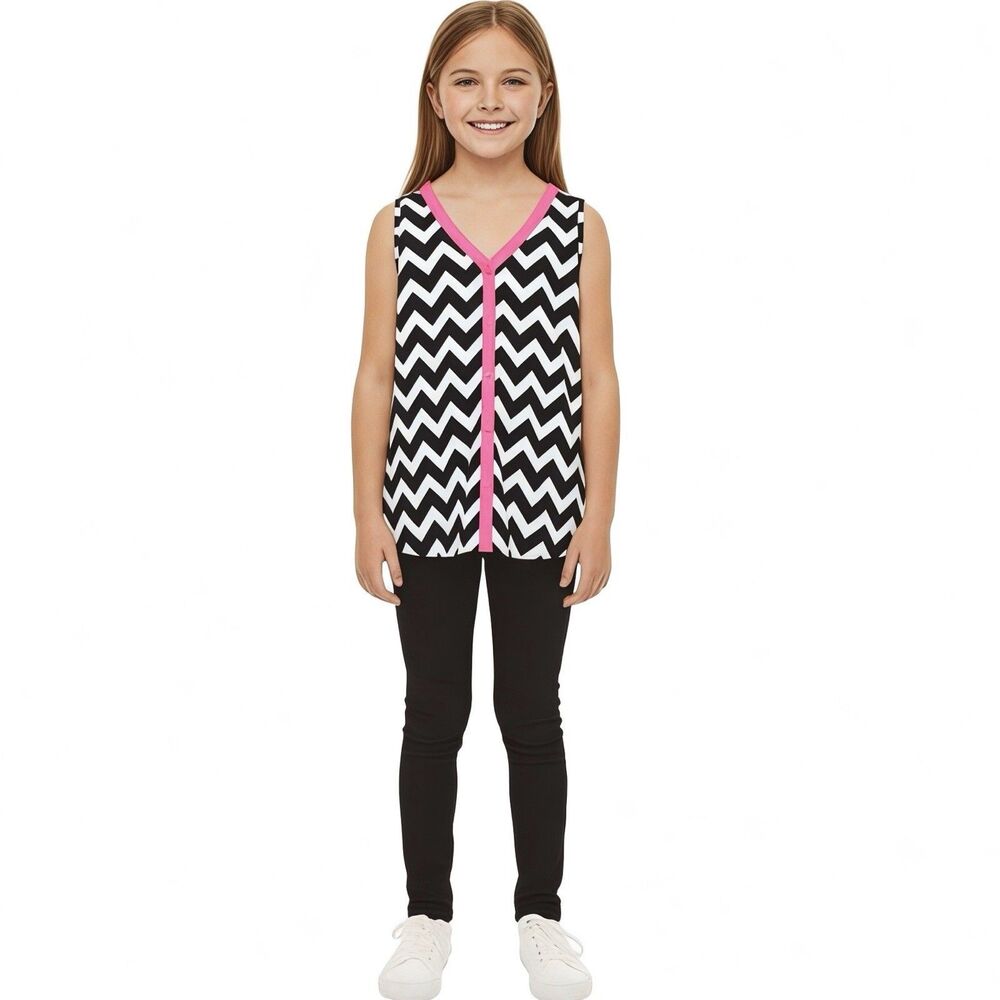 Total Girl Blouse Size Large 14 Black White Pink Chevron Button Down Sleeveless